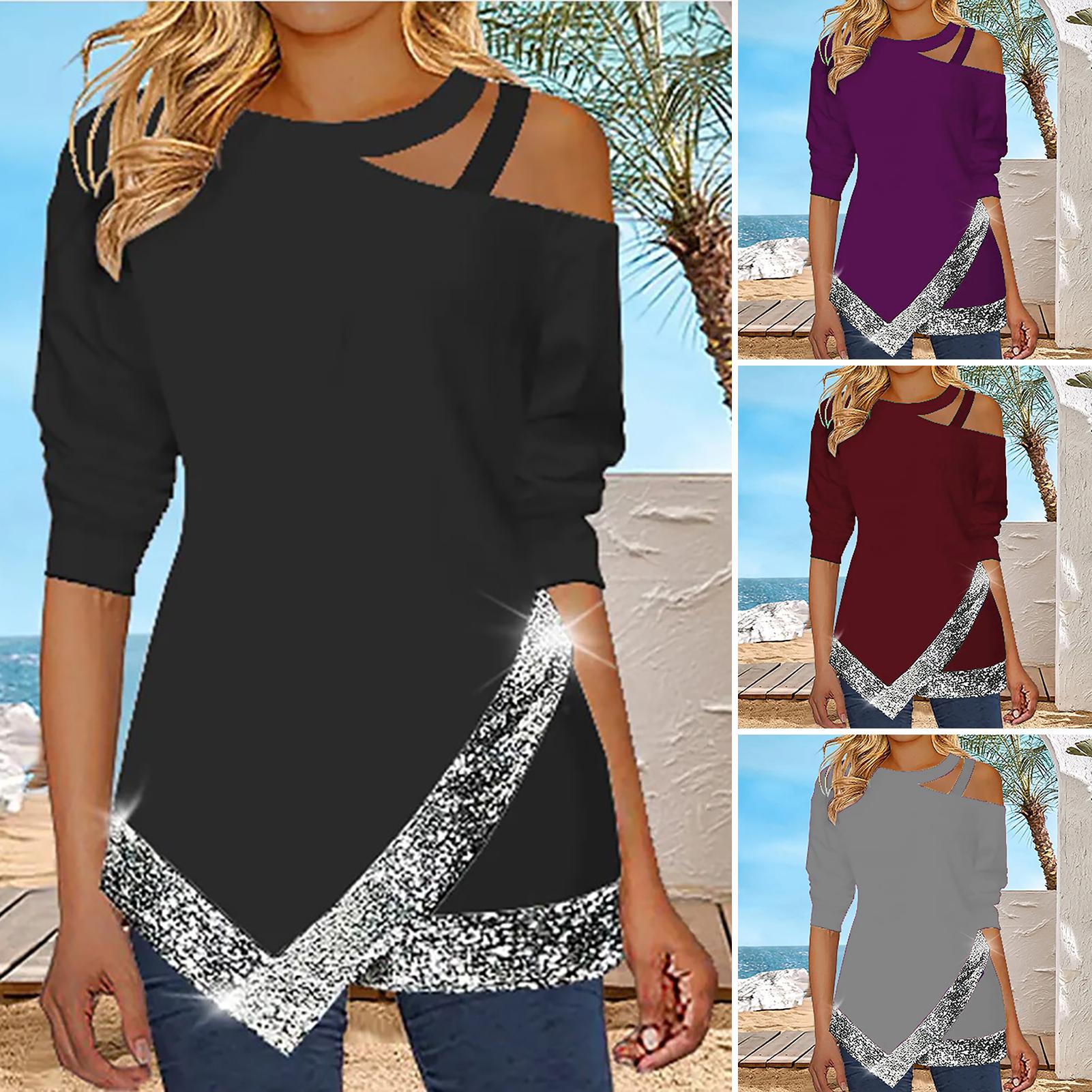 

Женская блузка Пайетки Нерегулярный подол С плеча Длинные рукава Полые Одевалки Пэчворк Плюс Сайз Круглый Вырез Весенние Футболки Женская Одежда