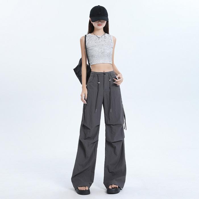 Women's High Waist Cargo Pants Wide Leg Trousers Quick Dry Drawstring Straight Pants Two Length Design Summer Casual Street Pants