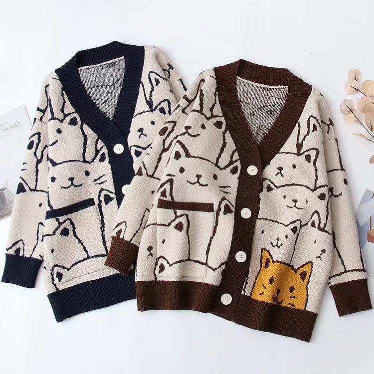 Women's Plus Size V-Neck Cat Jacquard Knit Cardigan - Preppy Autumn/Winter Cartoon Style