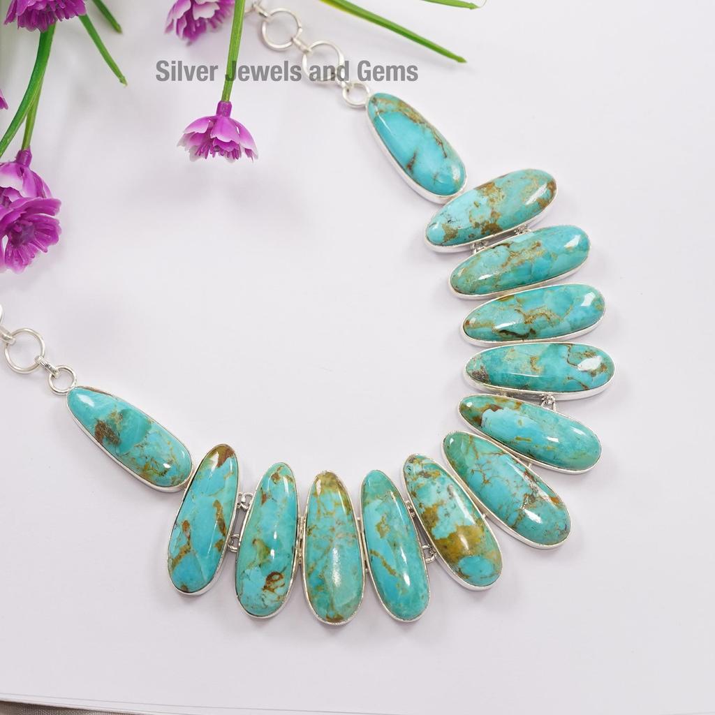 Natural Arizona Turquoise Necklace, Statement Fancy Necklace, 925 Sterling Silver Necklace, Turquoise Wedding Necklace