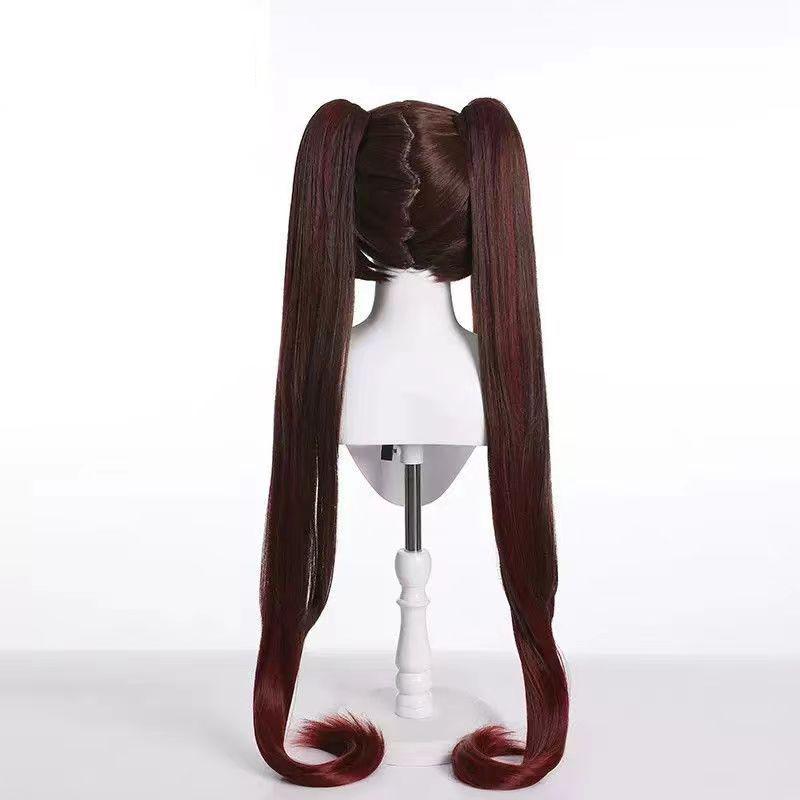 Genshin Impact Game Nuc Cos Perucă dublă coadă de cal Păr lung și drept maro închis Gradient roșu maro perucă completă pentru acoperirea capului