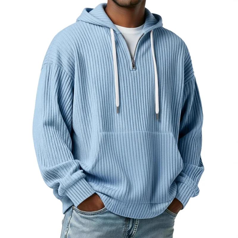 Men's Ribbed Knit Half-Zip Hoodie Casual Oversized Pullover Sweatshirt with Kangaroo Pocket