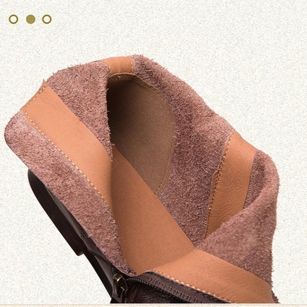 Johnature Echtes Leder Plissee Flache Kurze Stiefel Bequeme weiche Sohle Retro Damenschuhe