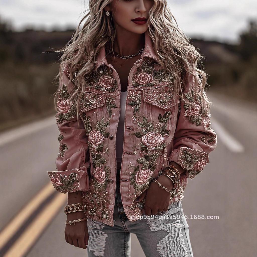 New Trendy 3D Pattern European-American Fashion High Street Denim Jacket with Lapel