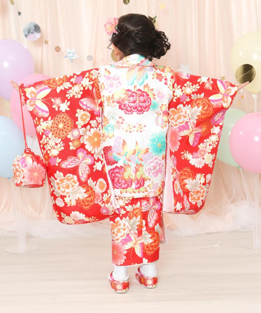 Kimono Set for Set Patterned Nagajuban Hair Drawstring Zori Waist and Tabi Scarlet Flower with Dancing [KYOETSU] Shichi-Go-San Ceremony, 3-Year-Old