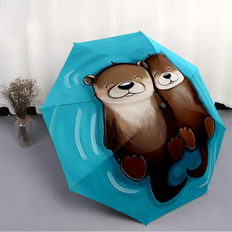 1pc Otters Swimming Automatic Folding Umbrella - Compact 8-Rib Design, Durable Plastic & Iron, Lightweight for Outdoor Daily Use054