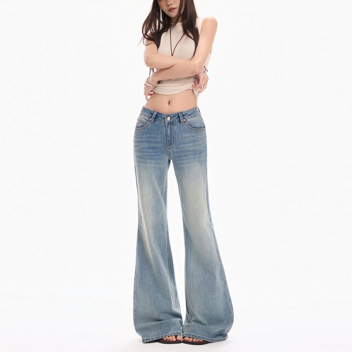 Spring Summer Vintage Light Blue Handmade Cat Whisker Low Waist Classic Slim Micro Flare Denim Pants For Women Casual Pants Oversize Denim Trousers