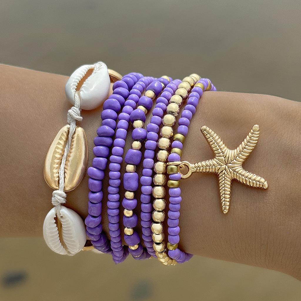 7Pcs Bohemian Shell Bracelet Set For Women Starfish Charm Rice Beads Wristband Bangle Girl Summer Beach Jewelry Accessory