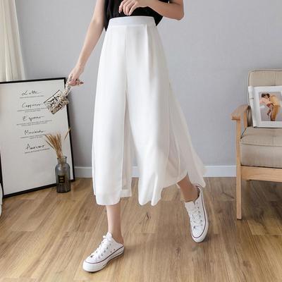 Dames Rok Broek Elastische Hoge Taille Wijde Pijp Culottes Effen Kleur Fake Tweedelig Chiffon Lange Broek Dagelijkse Kleding