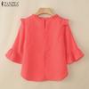ZANZEA Women Casual Fungus Ruffled Edge Crew Neck 3/4 Sleeve Blouse