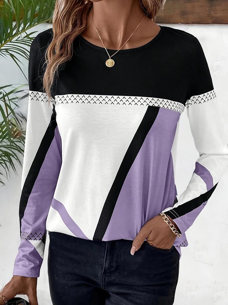 TEMU 2024 Spring/Summer Women's Geometric Print Long-Sleeve Casual Top