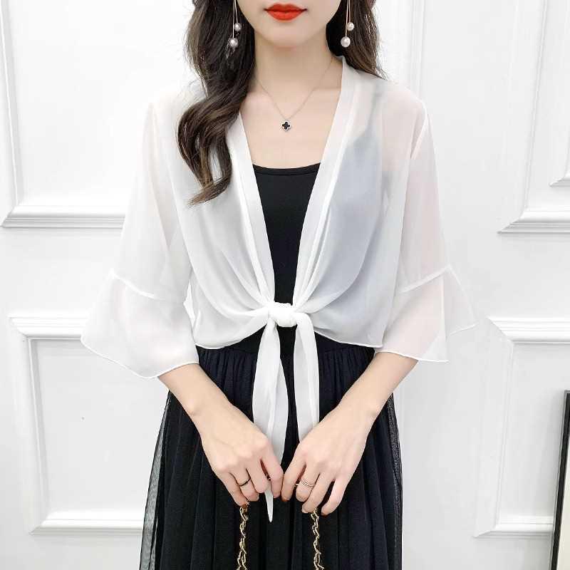Dámský šifonový bolerko a odpovídající set šatů s tílkem - Jarní/Letní lehký kardiganový přehoz