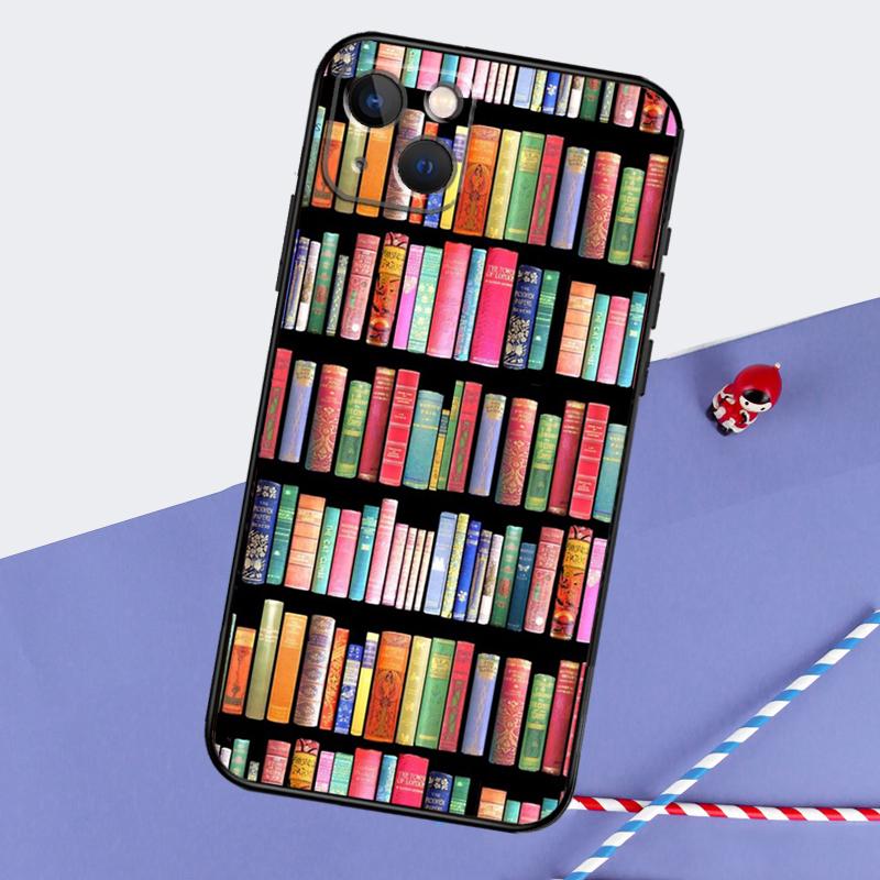 Vintage BOOK Bookworm Bookshelf Phone Case For iPhone 16 Pro 15 Pro 11 12 13 14 Pro Max Mini XR 16e 15 16 Plus Cover Shell