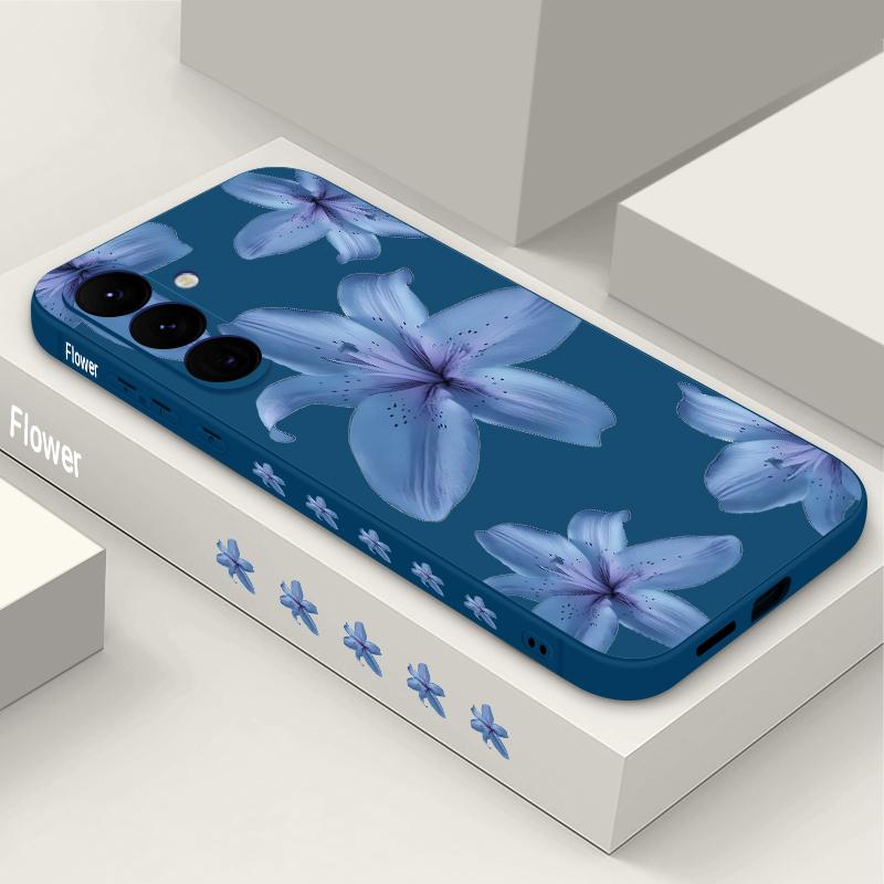 Blue Lily Printed Phone Case For Samsung Galaxy A17 A56 A16 A55 A15 A25 A36 A26 5G S25 Edge S23 S24 Ultra S24 S25 FE TPU Lanyard Cover