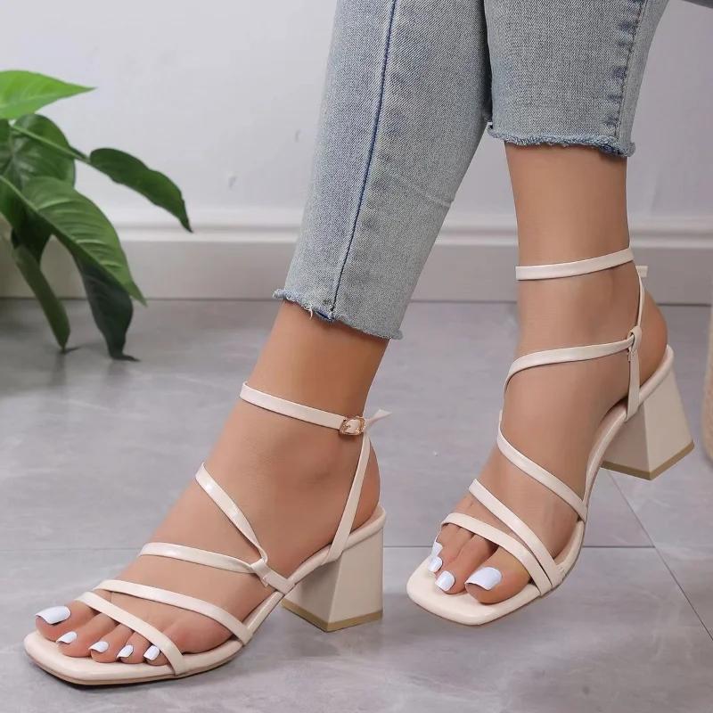 Fashion 2024 Fashion Women's Shoes Buckle Strap Women's Sandals Summer Solid Office and Career Hot Sale Narrow Band Heeled Sandals Women