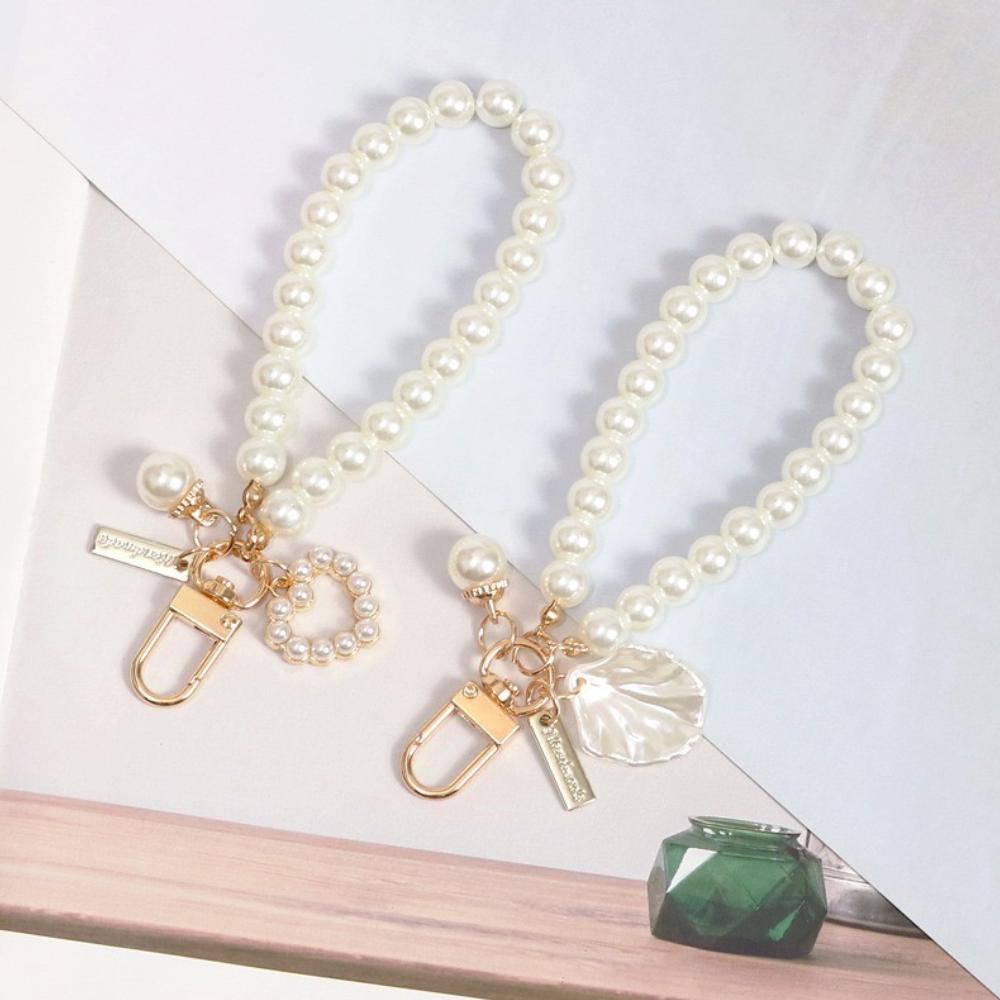 1pc Decorative Simple Imitation Pearl Mobile Phone Wristband with Cute Shell Heart-shaped Bracelet, Key Chain
