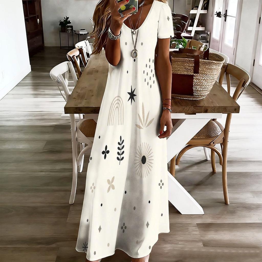 Women Plus Size V Neck Short Sleeve Printed White Straight Maxi Dress