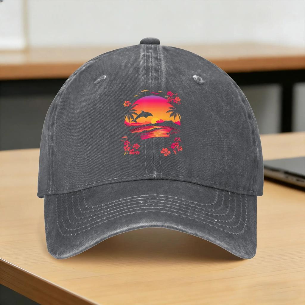 Tropical Sunset Dolphin Pink Beach Scene Casual Baseball Cap For UnisexTeens Summer Hiking Fishing Trucker Hat Baseball Caps