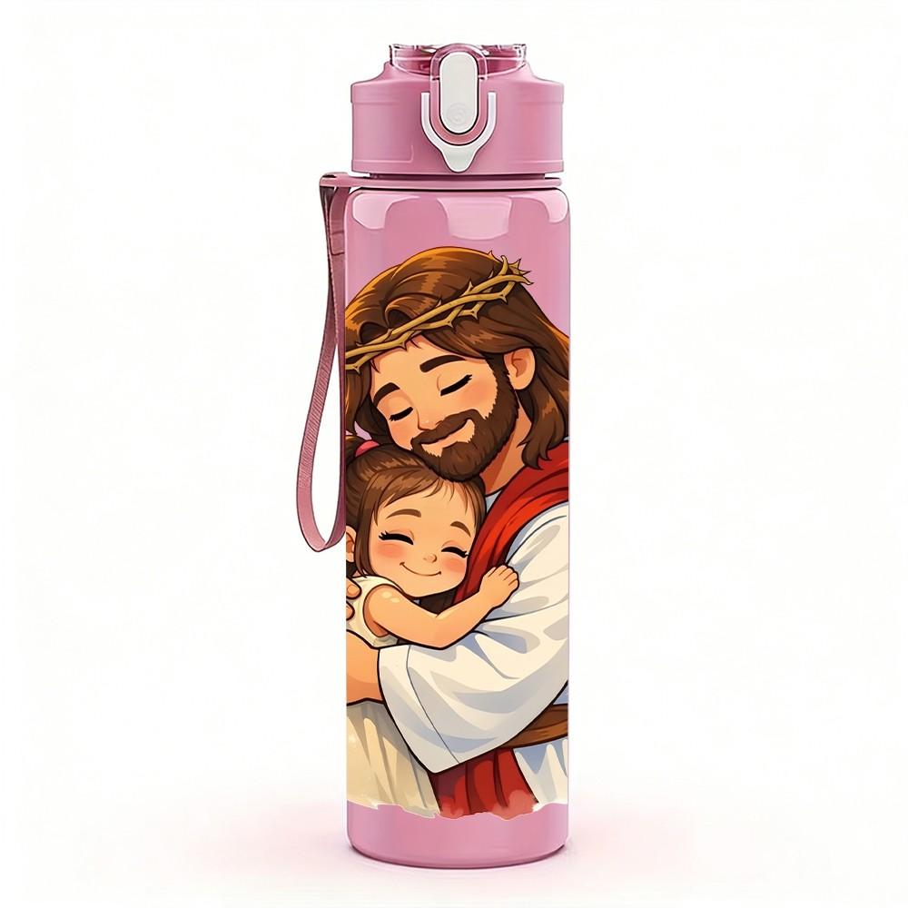 1PC Jesus Holding Baby 750ml Color Plastic Sports Water Bottle Leakproof Flip Straw Lid Suitable for Sports Office Home Use