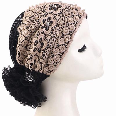 Codzienny Turban z Haftowanej Koronki Kwiatowa z Koralikami Gotowy do Noszenia Muzułmańska Czapka Chemo Vintage Koronkowa Koronkowa z Pereł Czepiec Damski