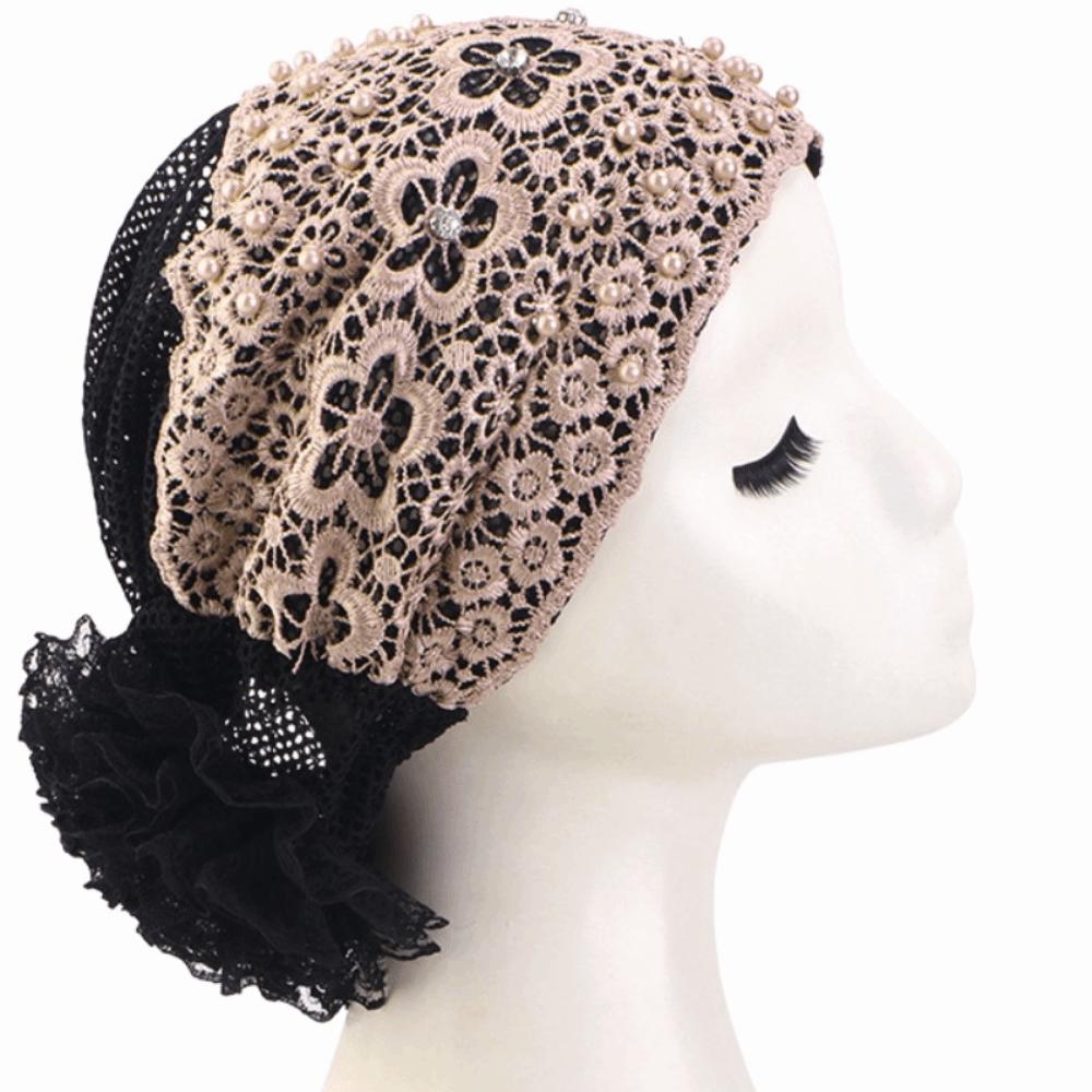 Casual Lace Embroidered Turban Hat Floral Beaded Ready To Wear Muslim Chemo Cap Vintage Lace Pearl Lace Bonnet Female