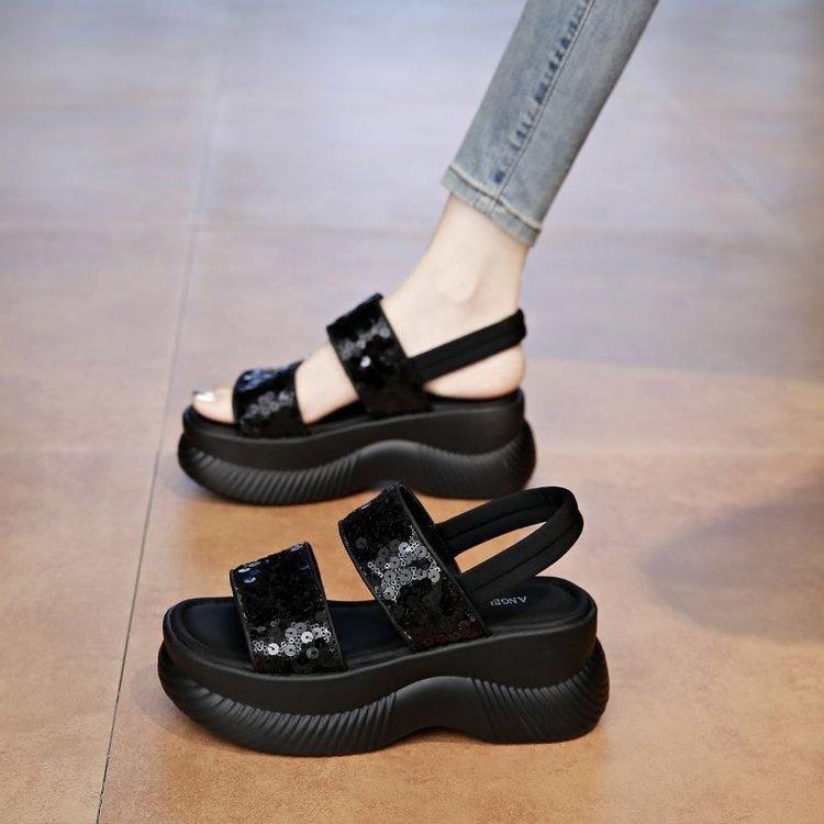 

Platform sandals women s 2025 new summer outer wear sequins versatile height-increasing casual shoes muffin one-word drag shoes 35