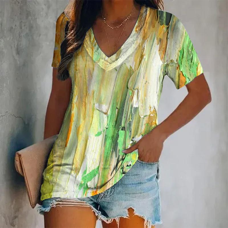 Damen Neues Kurzarm-V-Ausschnitt-T-Shirt mit gedrucktem Farbmuster, Übergroßes Damenoberteil im Y2K-Stil, Atmungsaktives T-Shirt
