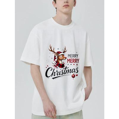 Kerst T-shirt Zwart Rendier met Kerstmuts en Sjaal Tekst Merry Christmas Feestkleding