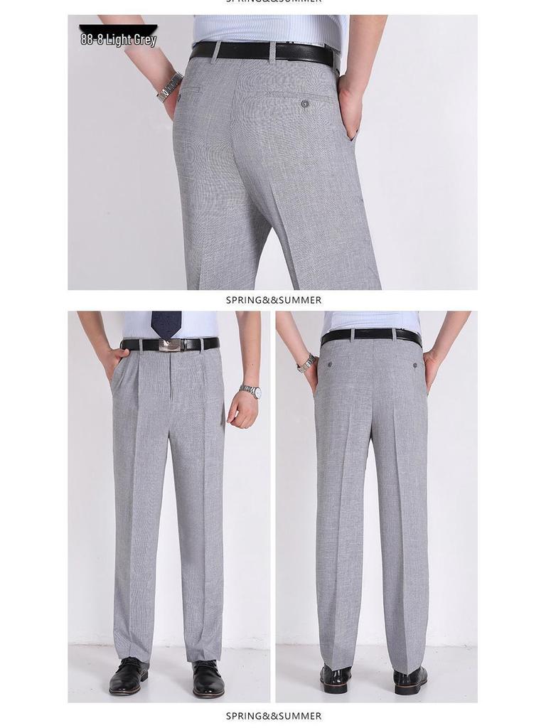 Men's Summer Mulberry Silk Dress Pants: Double Pleated, Loose Fit, Straight Leg, High Waist, Deep Crotch.