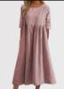 Women's Round Neck 3/4 Sleeve Linen Cotton Loose Midi Dress With Side Pockets Casual Swing Dress