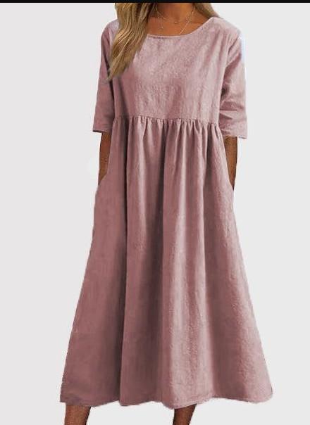 Women's Round Neck 3/4 Sleeve Linen Cotton Loose Midi Dress With Side Pockets Casual Swing Dress