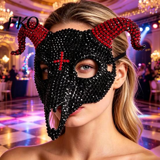 Light Luxury Skull Mask Halloween Rhinestone Full Face Mask, Black White Ram Horn Crystal Studded Masquerade Sparkly Glitter Party for Adults