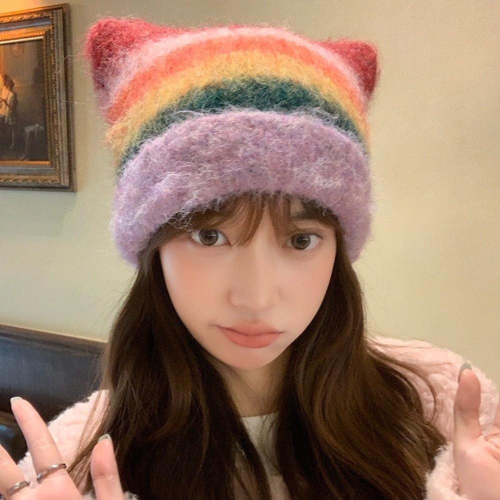 Gradient Striped Bucket Hat Colored Women Beanie Hat Casual Woolen Knitted Hat  Ladies