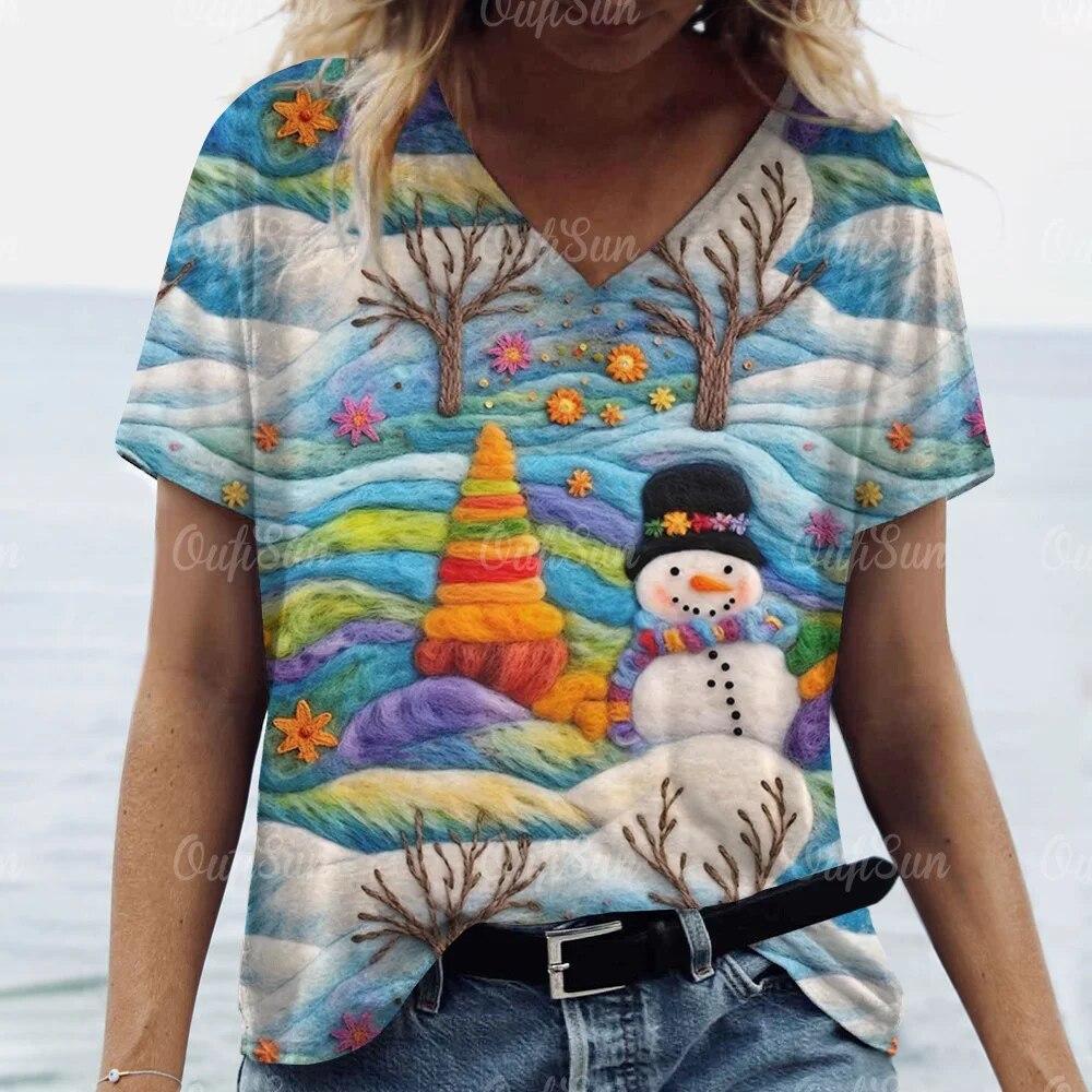 Tricou nou de Crăciun pentru femei 3D Moș Crăciun imprimeu tricouri cu mânecă scurtă cu decolteu în V, îmbrăcăminte de stradă supradimensionată, pulover Harajuku pentru femei