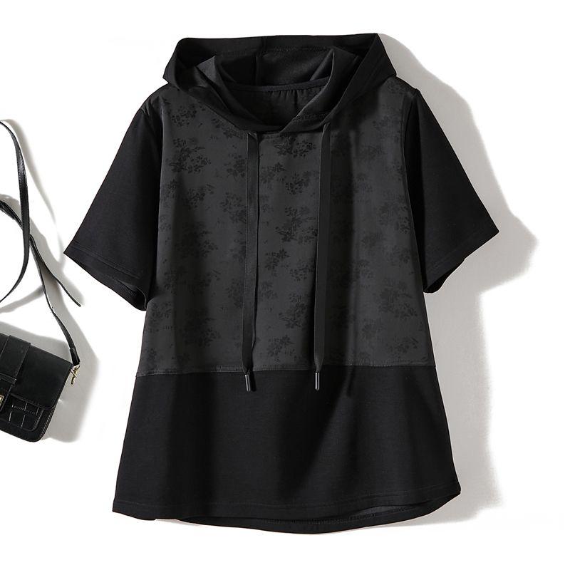 

Satin Poplin Cotton Dark Grain Print Hoodie! Elegant Women s Work Clothing Short Sleeve Cocoon Shaped Comfortable T-shirt Pure Love Welfare Black L