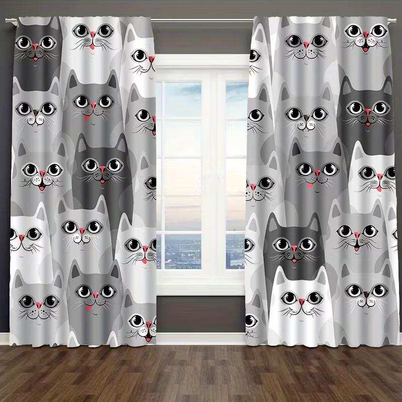 2 Pcs Grey Cat Print Curtains,suitable for Bedroom,living Room Kitchen Decoration,home Decoration,window Decoration