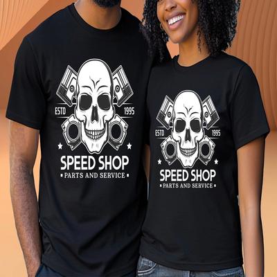 Speed Shop Skull T-shirt – Piston Engine Garage T-shirt voor Auto- en Moto Bikerliefhebbers