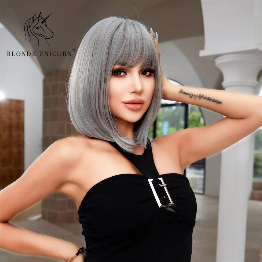 BLONDE UNICORN Blonde Grey Synthetic Wig Natural Short Bob Wig With Bangs Daily Use For Black White Women Cosplay Heat Resistant