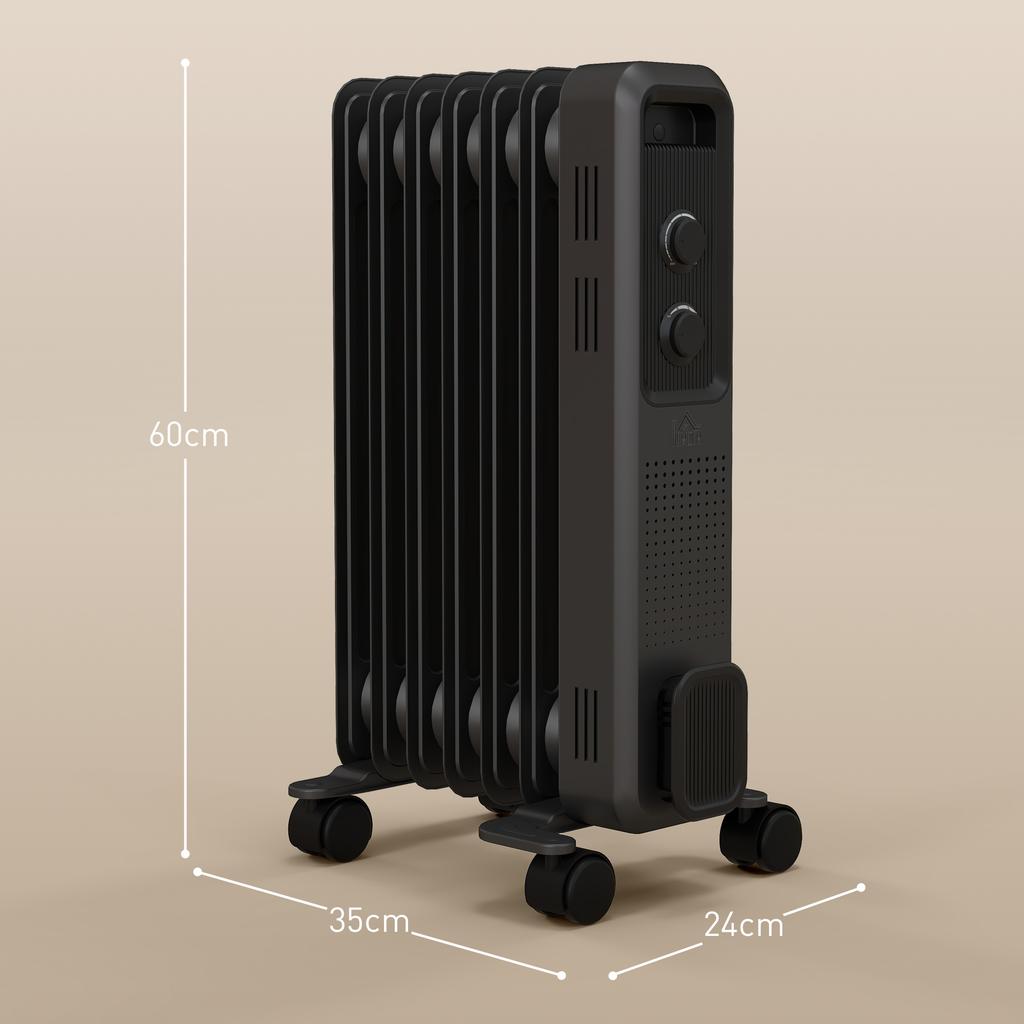 1500W Oil Filled Radiator, Portable Electric Heater with 3 Heat Settings, Safety Cut-Off and Wheels, Grey