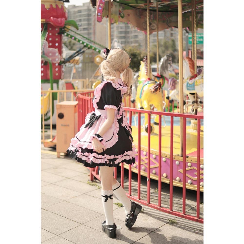 New Black Pink Maid Costume Cos Sweet Girl Cute Cat Bow Soft Girl Suit Skirt