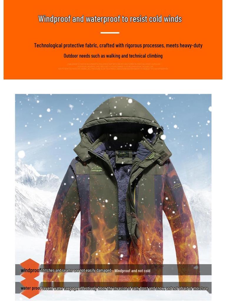 Men’s Plus Size Fleece-lined Windproof Outdoor Cotton Jacket