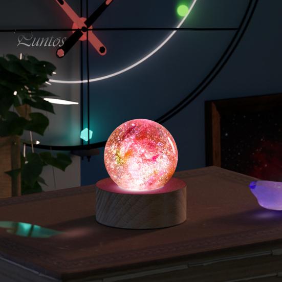 Faux Crystal Glass Balls USB Powered LED Chakra Ball with Wooden Base Ice Cracked Spheres Night Light for Meditation Home Table Decor
