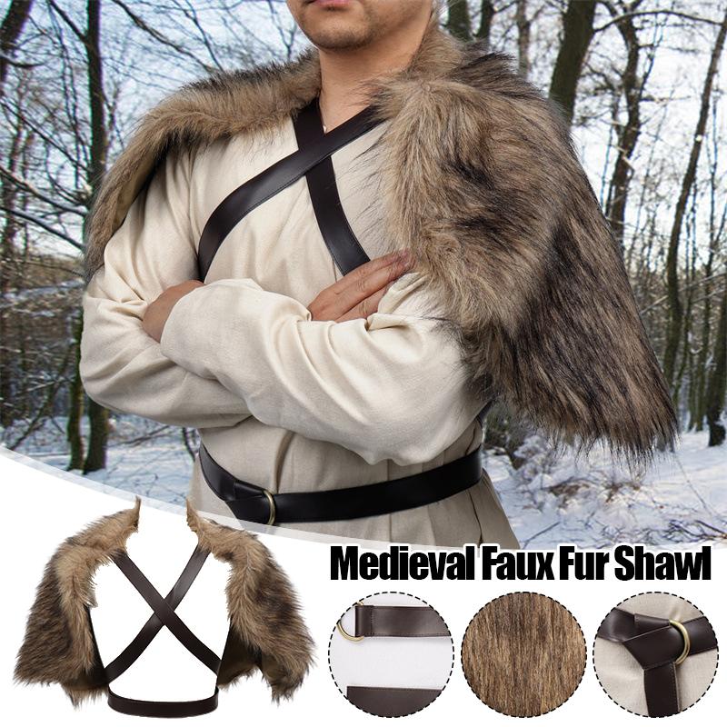 Mittelalterlicher Kunstpelz-Umhang mit Brustgurtkragen für Herren, Wikingerkrieger-Halloween-Cosplay-Kostüm, Retro-Umhang, Schulterwickel