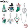 WOSTU 925 Sterling Silver Xmas Series Snowman Bell Charm Christmas Tree House Charm Bead Snowflake Crystal Ball Pendant DIY Gift