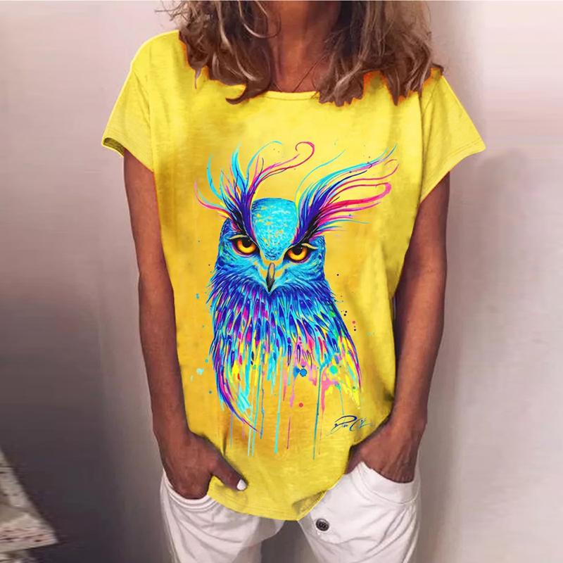 

Женская летняя футболка тренд принт сова ретро мода футболки с коротким рукавом повседневные принтованные топы 8XL жёлтый