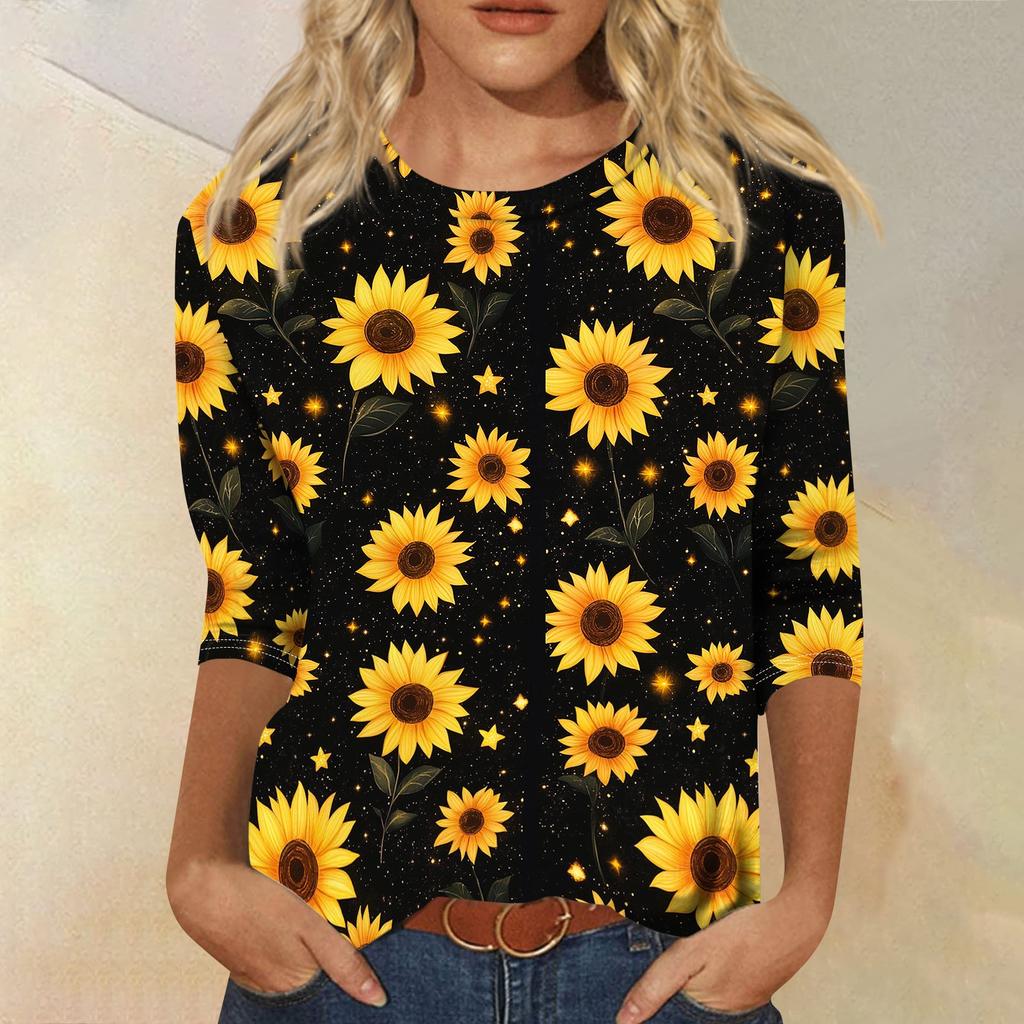 Women's Casual Floral Print Three Quarter Sleeve Round Neck Top Lightweight Comfortable Fit for Everyday Wear