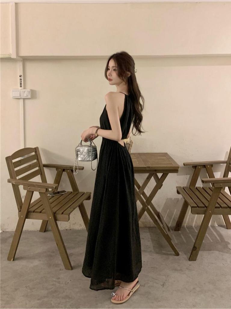 [Original practice] Neck exposed waist holiday dress women's summer new design sense waist thin sleeveless long