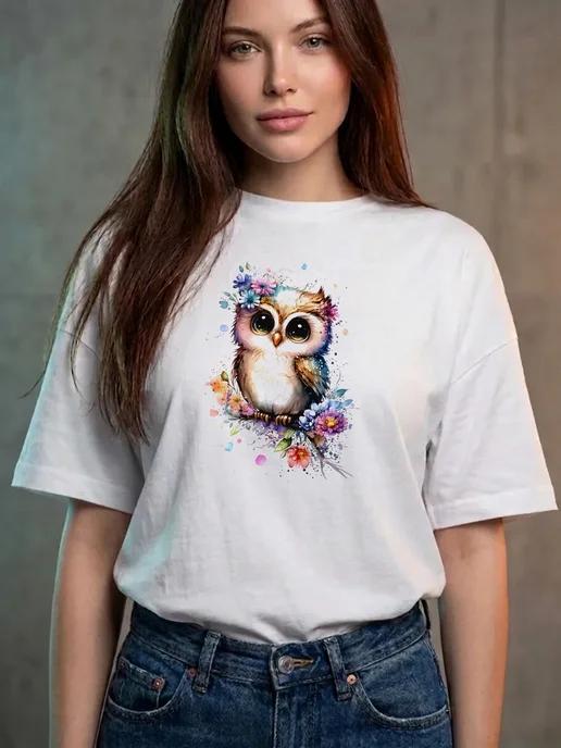 Women s summer T-shirt with a floral owl print XL