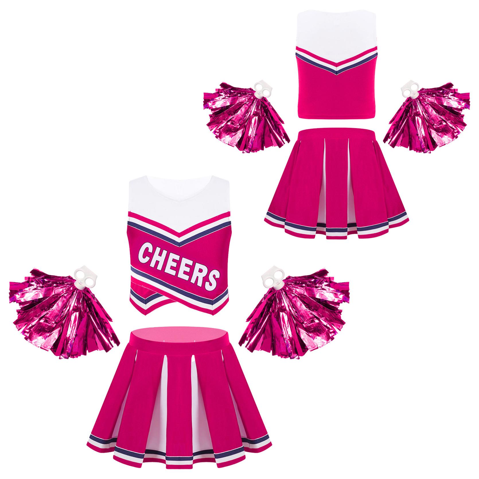 

Детский комплект одежды для чирлидинга Костюм для косплея для танцевального выступления для детей Топ-жилет + Плиссированная юбка + Цветы в руках 14-16 Years ярко-розовый