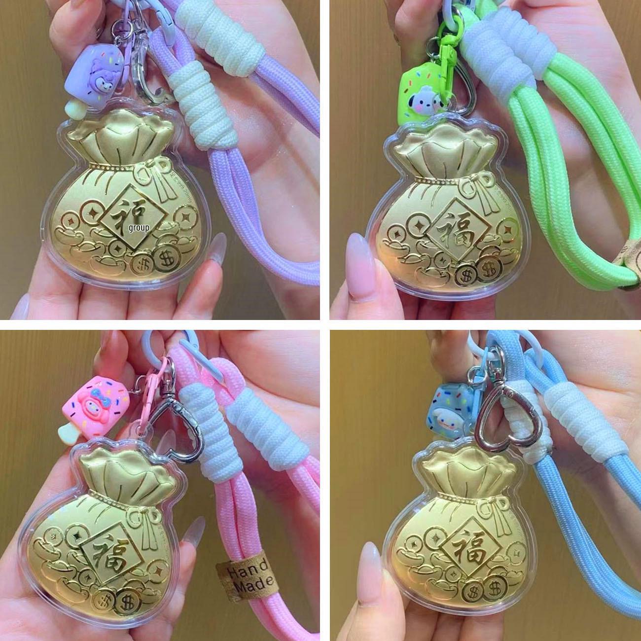 

Pure Gold Lucky Bag Keychain Charm & Mobile Phone Lanyard - Gift for Girlfriend & Best Friend Gold Included - Lucky Bag + Pink Rope